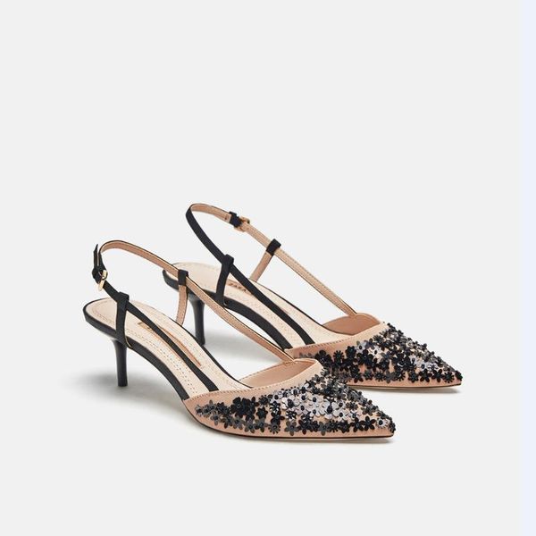 

2021 new european and american fashion women's sandals sequined stiletto buckle pointed high heel women's shoes, Black
