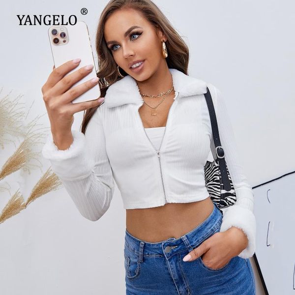 

women's knits & tees 2021 zipper knit cardigan female autumn winter pure color coat short style crop fur collar long sleeve t shir, White