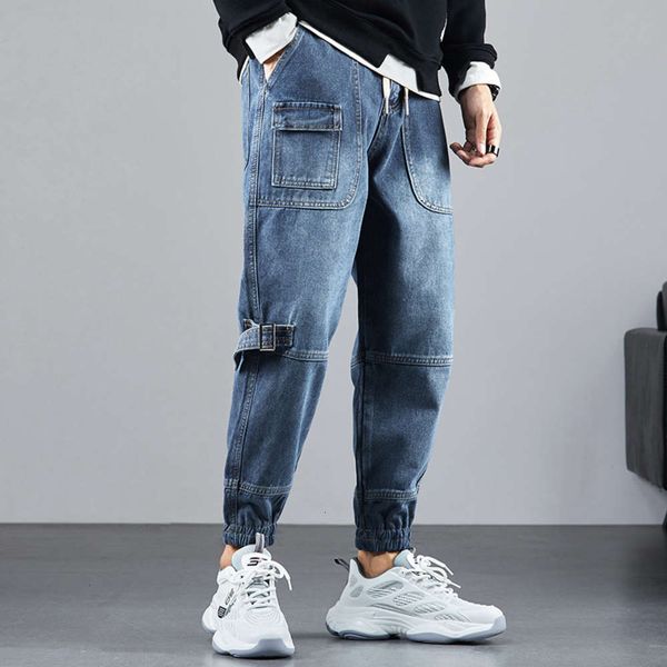 

autumn and winter 2021 new jeans men's capris multi pocket casual korean harlan loose binding trend, Blue
