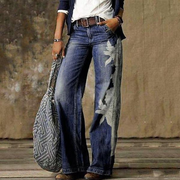 

women's jeans 2021 summer fashion street hip-hop printing wash loose casual wide leg denim pants tide woman long #g3, Blue