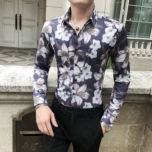 

new superior quality spring 2021 long sleeve floral men's shirts night club prom thin tux casual fit homme streetwear blouse kz6g, Black;brown