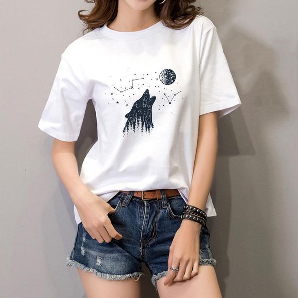 

star moon forest wolf print graphic t-shirt funny planet slogan christian stylish tee feminist vintage shirts, White