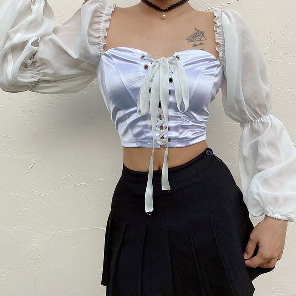 

patchwork female t-shirts satin bandage long puff sleeve streetwear white shirts autumn winter design casual