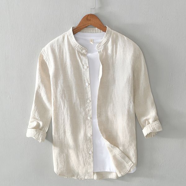 

2021 new 100% linen summer three-quarter sleeved brand casual stand collar shirts for men solid breathable shirt mens chemise we5h, White;black