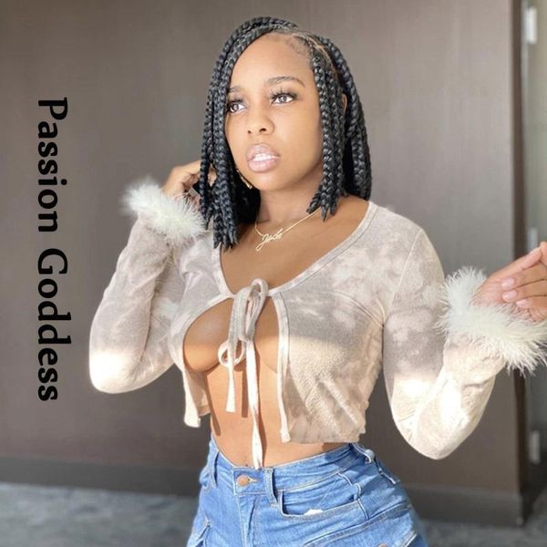 

women's t-shirt cute women tie dye feather cropped shirt with fur long sleeve v neck wrap shirts kawaii bandage open tshirt lace up fea, White