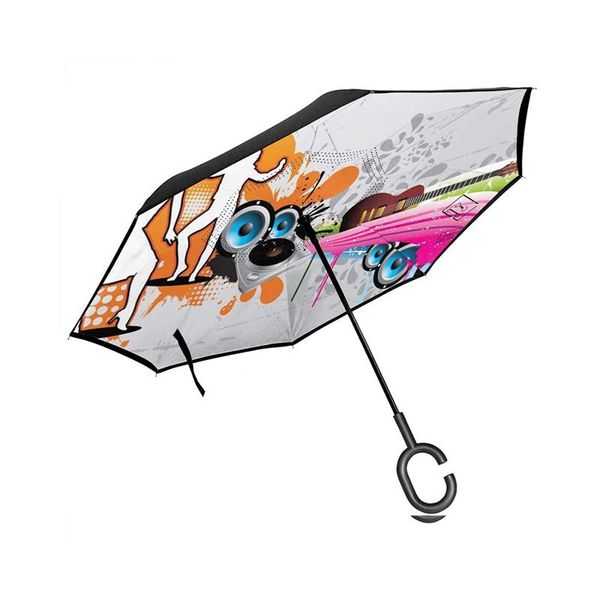 

umbrellas car reversing umbrella, musician with turntable and speakers dancing funky city night guitar printing, c-shaped handle