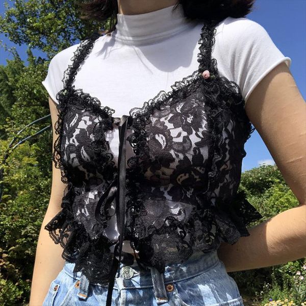 

embroidery lace y2k cute womens cami crop vintage bow patchwork mesh camisole v neck korean aesthetic 90s vests, White