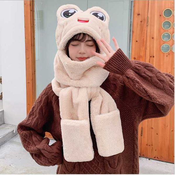 

plush hat female autumn winter new frog big eyes ear protection warm scarf gloves one girl lovely khaki, Blue;gray
