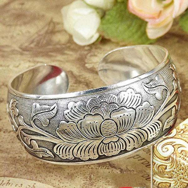 

bangle tibet silver color flower for women beautiful peony bracelet cuff hand jewelry, Black