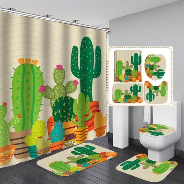

shower curtains cartoon plant cactus curtain cute kids ins style with non slip rug mat bathroom waterproof polyester home decor