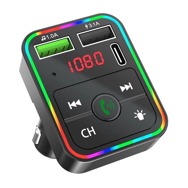 F2 Ricevitore Bluetooth per auto Adattatore 5.0 Trasmettitori FM Kit vivavoce Audio wireless Lettore musicale MP3 3.1A Caricatore rapido Dual USB PD con retroilluminazione a LED colorata