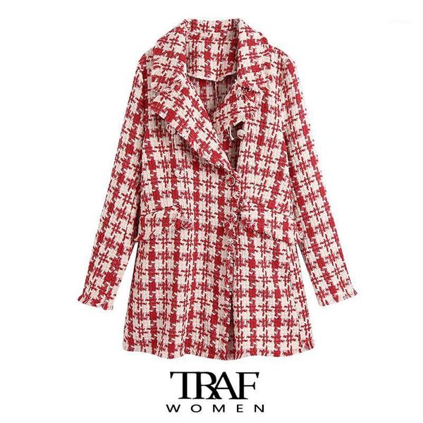 

women's jackets women's women fashion houndstooth tweed jacket coat vintage long sleeve frayed trims female outerwear chic, Black;brown