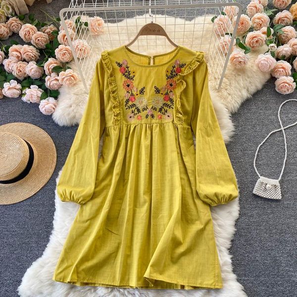 

casual dresses vintage short embroidery dress summer women lantern sleeve high waist o collar cotton linen ladies khaki 2021, Black;gray