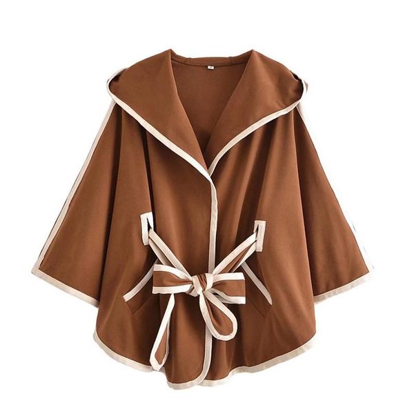 

women's wool & blends zxqj women brown woolen jacket 2021 autumn fashion ladies oversize edging chic sashes outerwear female hooded loo, Black