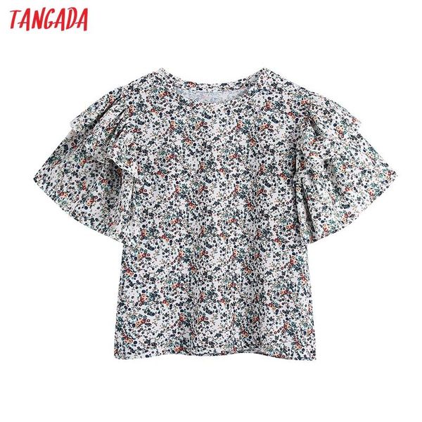 

women's blouses & shirts tangada women retro flowers print ruffles shirt summer blouse short sleeve chic female ce202, White