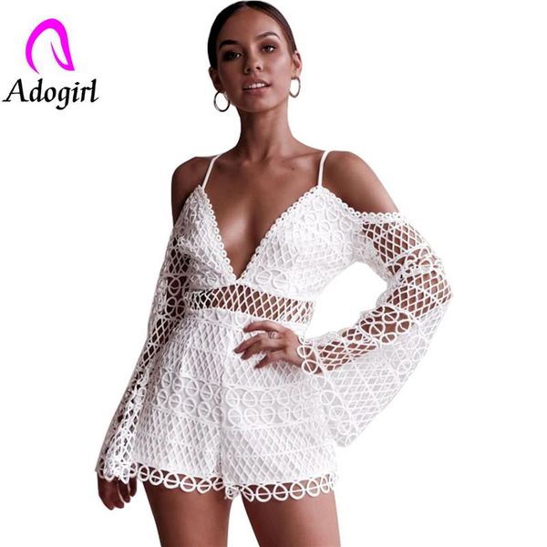 

adogirl cold shoulder boho deep v neck hollowed-out water-soluble lace jumpsuit white lace patchwork playsuit straight shorts, Black;white