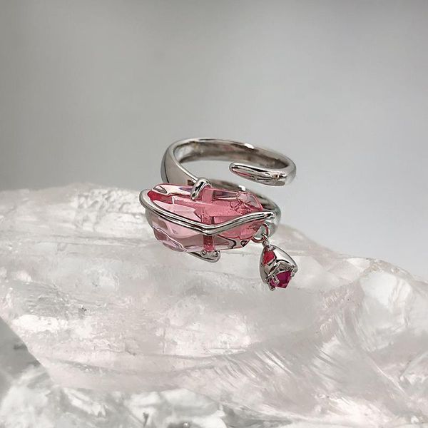 

cluster rings design silver inlaid irregular pink gemstone ring opening adjustable hip-hop style exquisite light luxury jewelry, Golden;silver