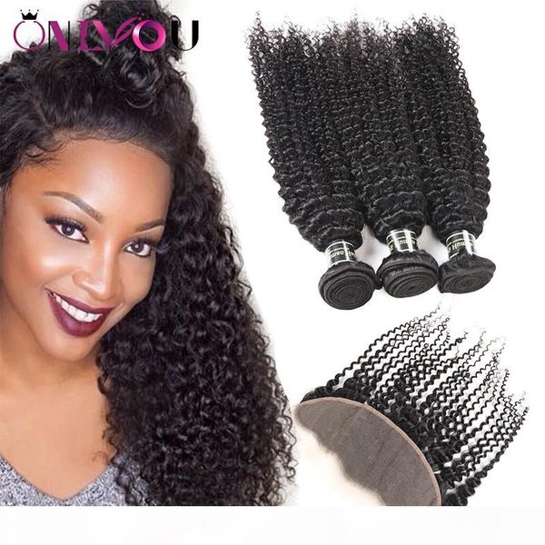 

brazilian kinky curly weave bundles with lace frontal closure mink brazilian virgin hair weaves 3 kinky curls with ear to ear lace frontal, Black;brown