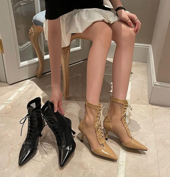 

boots 2021 pointed toe women sandals air mesh cross strap back zipper fashion summer ankle woman black thin high heels