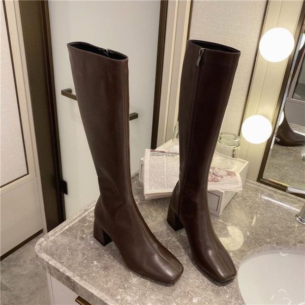 

boots 2021 autumn and winter ladies knight high-heeled long tube knee-length thin british style leather, Black