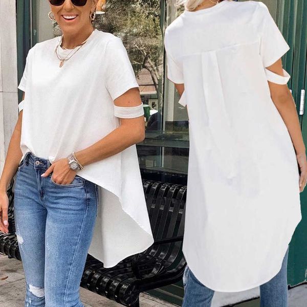 

2021 fashion t shirts women's summer round ne loose irregular short sleeve for women, White
