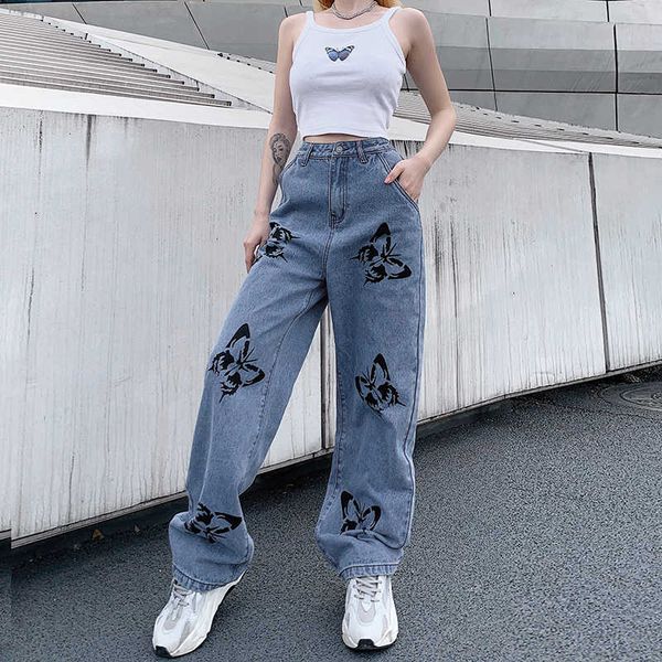 

women high waist jeans flanders print rights wijde pipes denim baggy losse casual broek streetwear, Blue