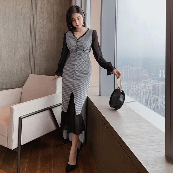 

casual dresses fashion women arrival soft patchwork formal trumpet dress slim ruffles work style long mermaid, Black;gray