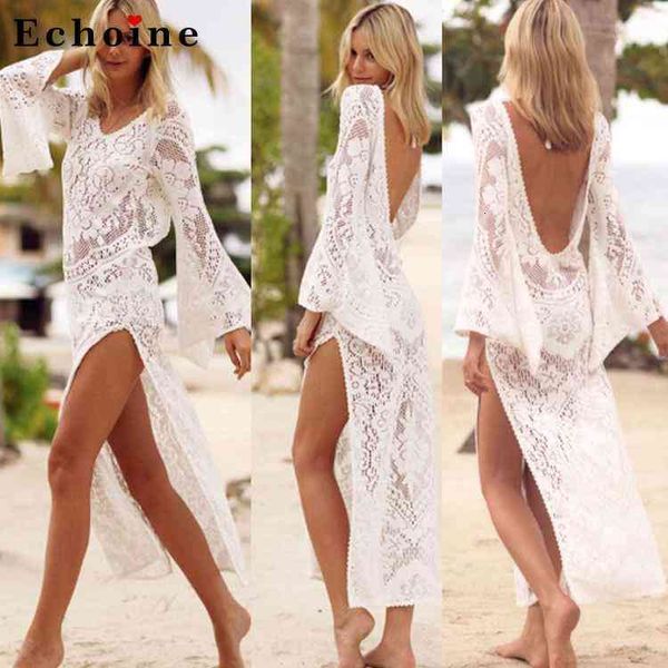 

casual dresses backless lace beach dress women hollow out high split long flare sleeve charm elegant ladies vestidos girls seaside clothes1, Black;gray