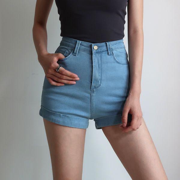 

womens white black solid high waist jeans shorts elastic waist vintage harajuku biker sports cycling denim shorts summer 2021