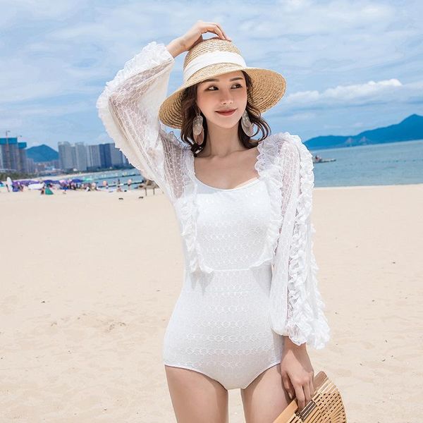 

one-piece suits swimsuit for women 2021 summer suit ladies plus size one piece long sleeve female cover bathing print polyester sierra
