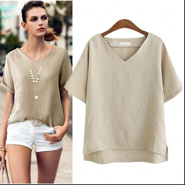

cotton linen blouse summer short sleeve casual shirt women loose blusa mujer vetement femme fashion plus size women blouses, White