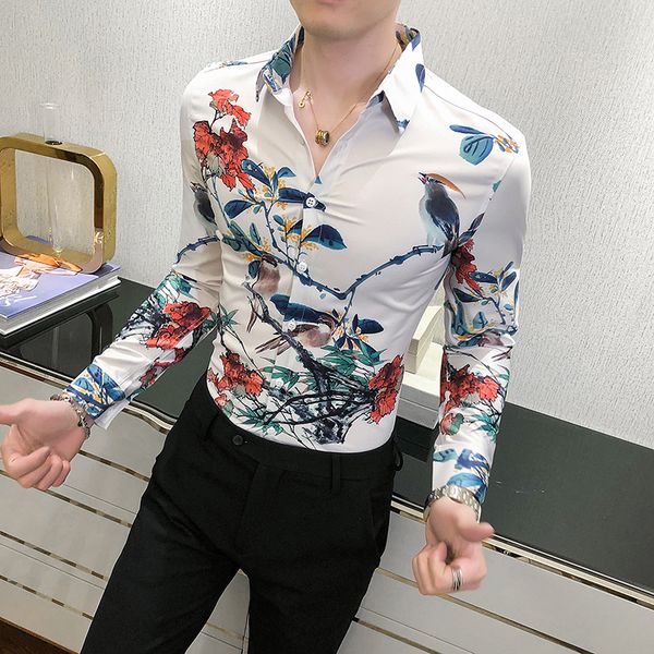 

2021 new korean mode flower long shirt slim fit digital casual print shirts for men black/white clothes xopt, Black;brown