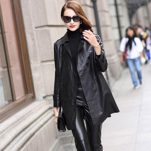 

women's leather & faux legitimate jacket of female lambskin, elegant, with belt, long slim fit jacket, office windbreaker, Black