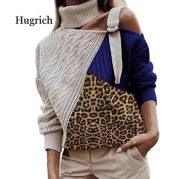 

women's sweaters leopard patchwork turtleneck sweater women off shoulder color block knitted batwing long sleeve pullovers, White;black
