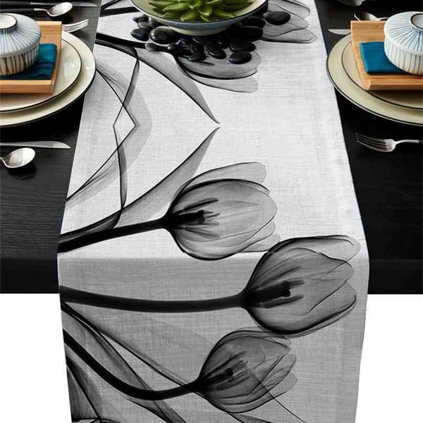 Tulpe Blume schwarz und weiß Silhouette Tischläufer Leinen Baumwolle Flagge moderne Party Hochzeit Dekor Esszimmer Läufer 210628