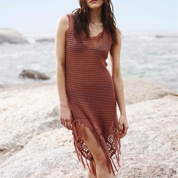 

women's swimwear solid women swimsuit cover ups knitted hollow out beach tunic dress tassel robe de plage pareo beachwear up, White;black
