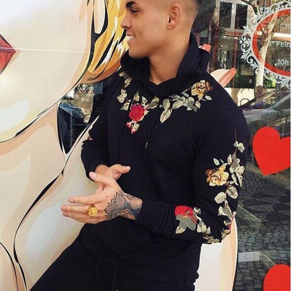 

men's hoodies & sweatshirts vintage floral embroidery hoodie sweatshirt men 2021 spring fashion drawstring hooded pullover casual male, Black