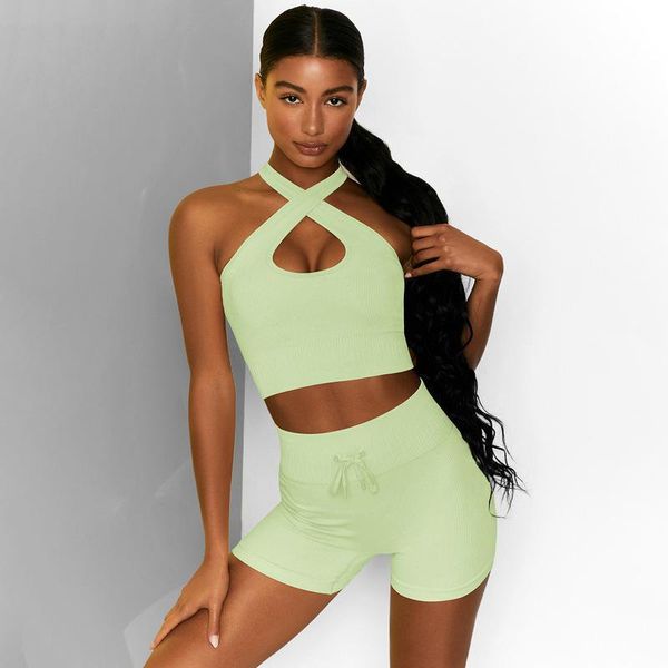 

yoga outfit 2021 set tracksuit women solid fitness cross-shoulder strap bra hip shorts suit waist sling sportswear gym wear tranning