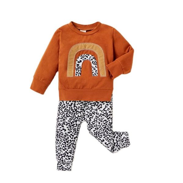 

newborn baby girls boys clothes sets rainbow leopard print long sleeve pullover sweatshirt pants 0-24m, White