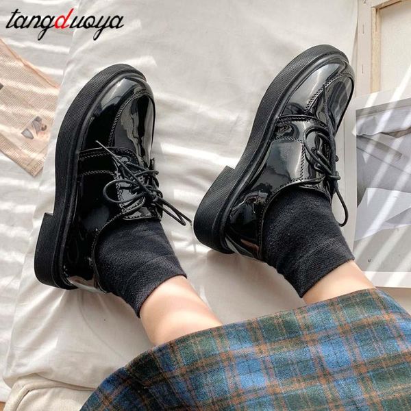 

women shoes japanned leather shoes woman lace up round toe derby big toe british creepers platform 2021, Black