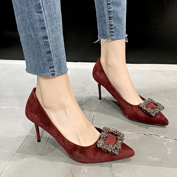 

dress shoes 2021 elegant suede women pumps crystal buckle pointed toe high heel 8 cm stiletto ladies, Black
