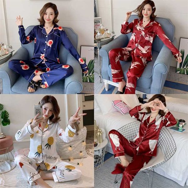 

factory1opbwomen's long autumn new like sleeve pajamas lapel silk shirt collar two piece home suit, Black;white