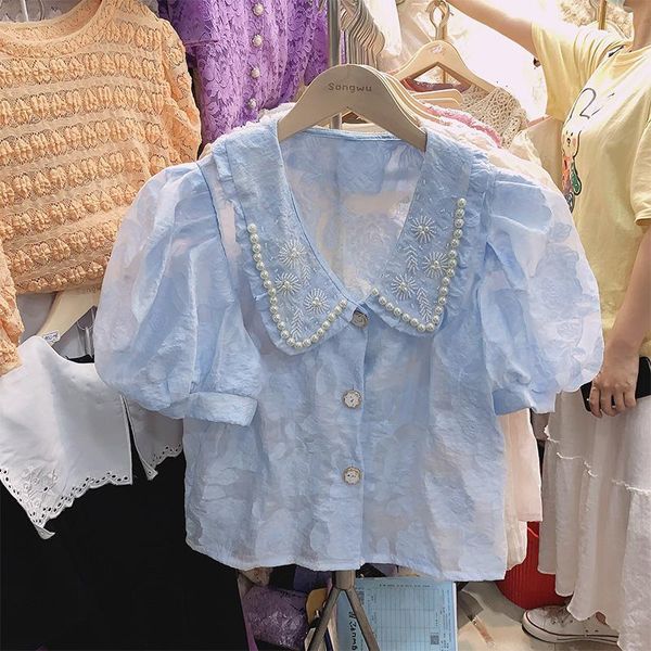 

summer female crop elegant shirt puff sleeve lace doll collar beaded embroidered blouse short roupas femininas women's blouses & shirts, White