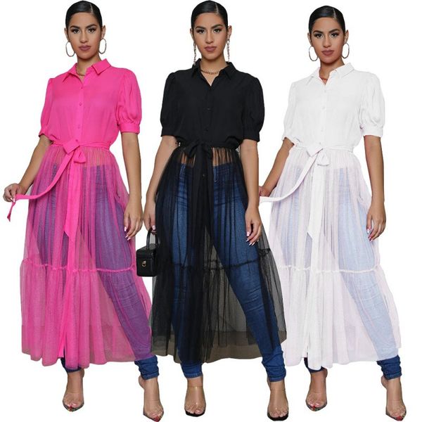 

mesh stitching dresses increase lengthen shirt short-sleeved spring and autumn, Black;gray