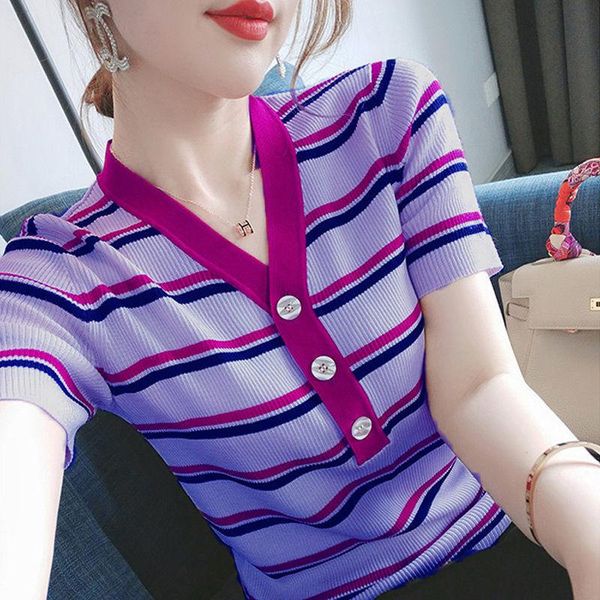 

women's t-shirt purple 2021 summer shirts v-neck t shirt women short sleeve casual tshirts black strip fashion lady, White