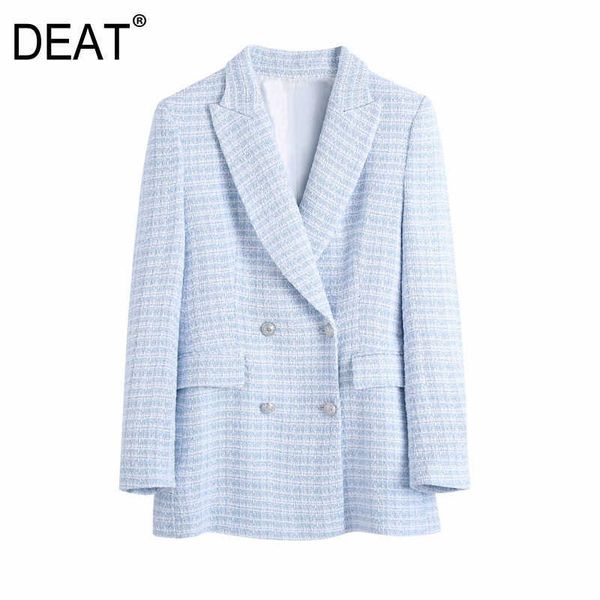 

[deat] spring fashion coat long sleeve lattice double breasted v-neck temperament loose women blazer 13q022 210527, White;black