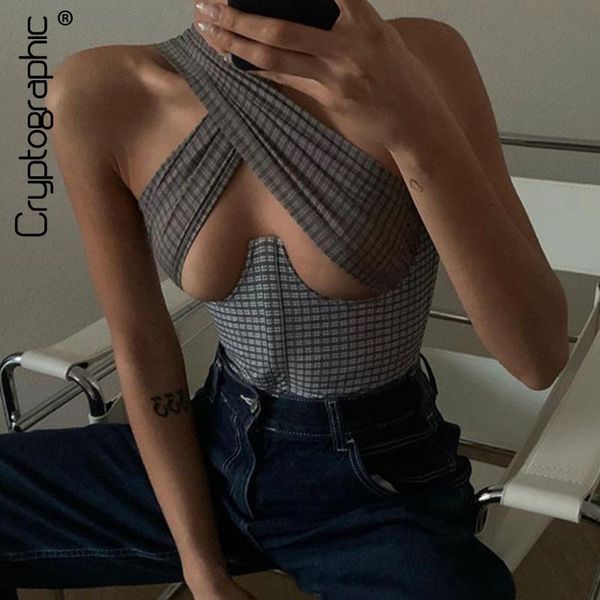 

women's tanks & camis cryptographic fashion plaid cross halter cut-out crop women backless cropped feminino summer 2021 street, White