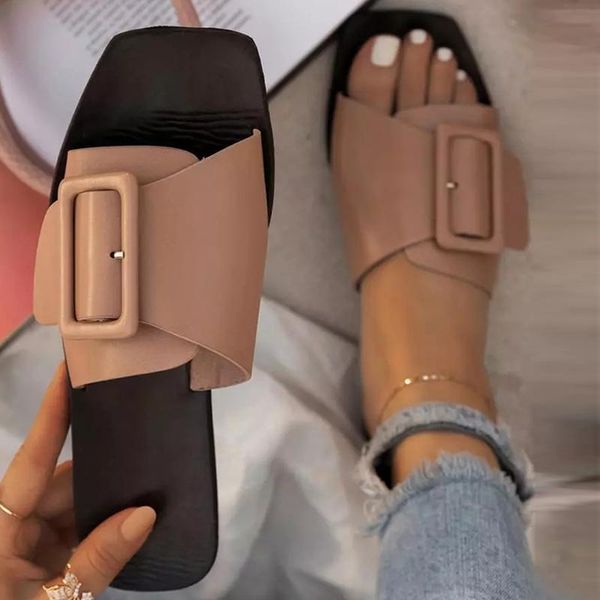 

slippers 2021 women's casual slipper summer fashion pu leather solid color female flat shoes outdoor beach comfortable platform, Black