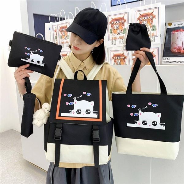 

school bags 5 piece fashion women backpack kawaii animal pattern schools for girls contrast color canvas 2021