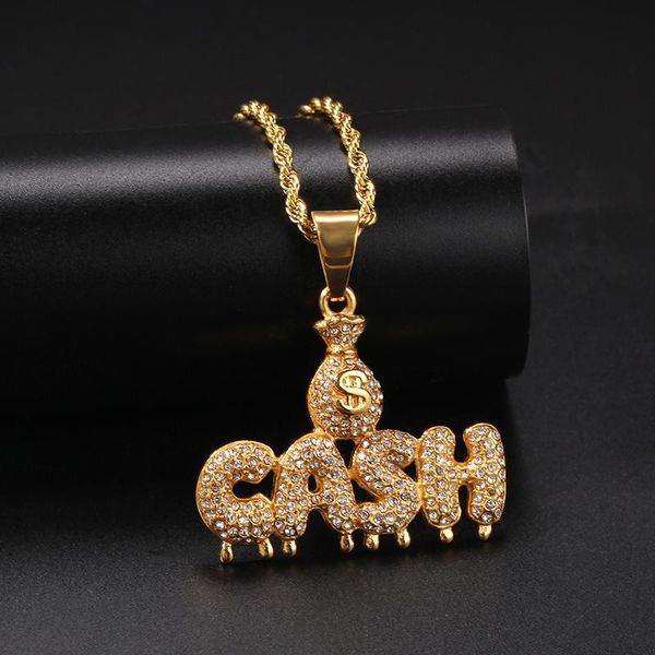 

pendant necklaces hip hop bling iced out rhinestone gold stainless steel dollar sign money bag cash necklace for men rapper jewelry, Silver